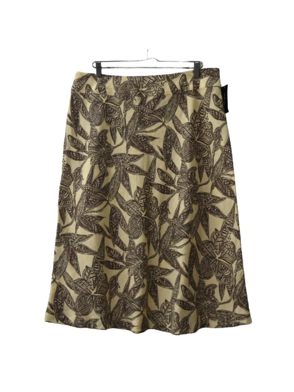 Style & Co Linen Skirt 14W Midi A Line Cream Brown Floral Cottagecore Boho